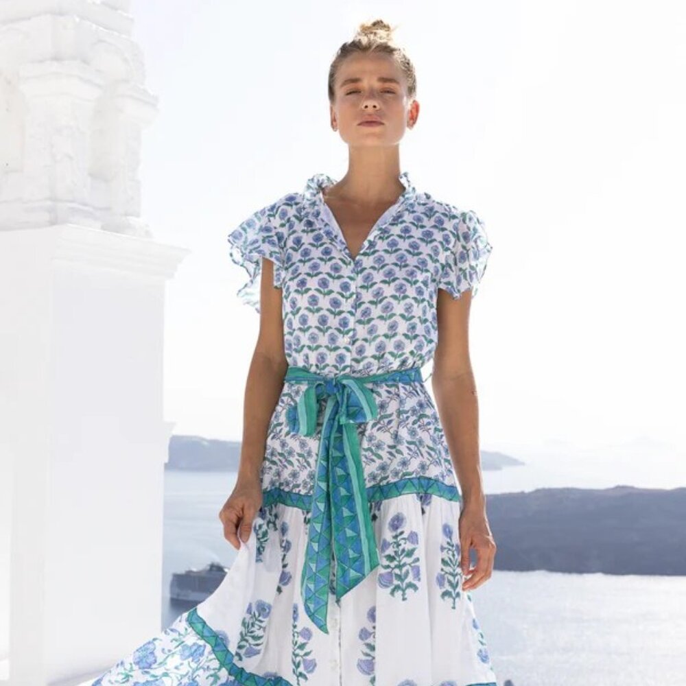 $328 NWT Oliphant Ruffle Collar Button Maxi Terra blue Dress XS